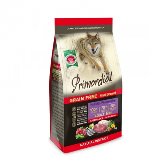 Hrana uscata pentru caini Primordial Grain-Free Mini Adult cu sardine gasca 2 kg