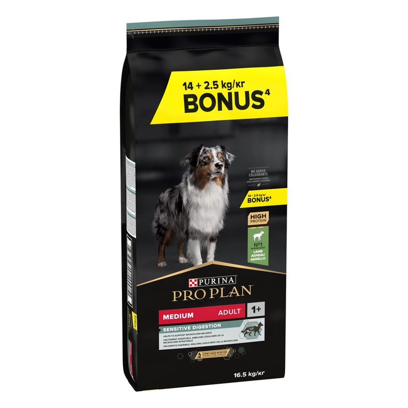 Hrana uscata pentru caini Pro Plan Medium Adult, Sensitive Digestion, Miel si Orez, 14kg 14kg + 2,5kg Gratuit