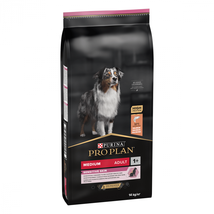 Hrana uscata pentru caini Purina Pro Plan Medium Adult, Somon, Piele sensibila, 14kg