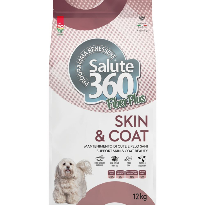 Hrana uscata pentru caini Salute 360 Fiber Plus SkinCoat cu ton somon 12 kg