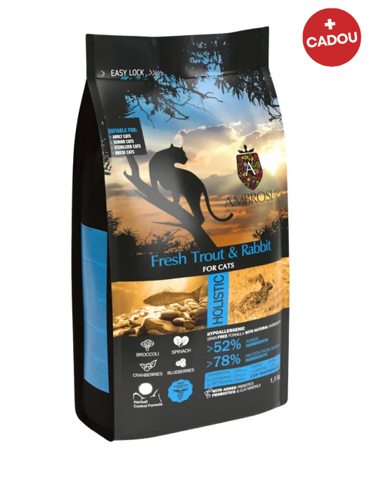 Hrana uscata pentru pisici Ambrosia Steril, Pastrav si iepure, hipoalergenic, fara cereale, 5kg