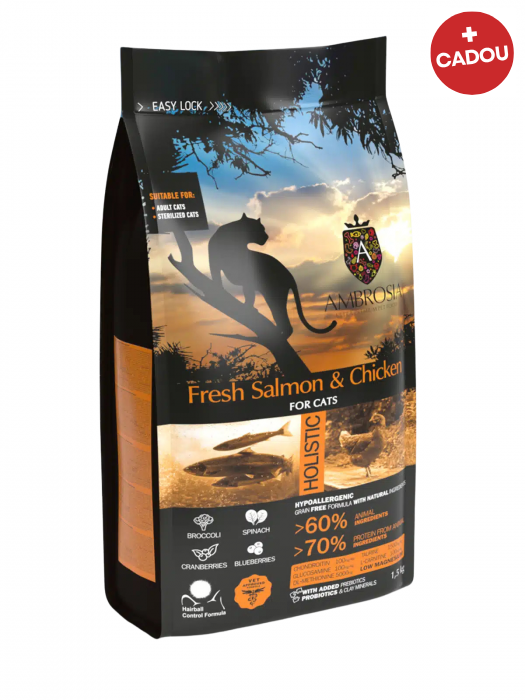 Hrana uscata pentru pisici Ambrosia Steril, Somon proaspat si pui, hipoalergenic, fara cereale, 5kg
