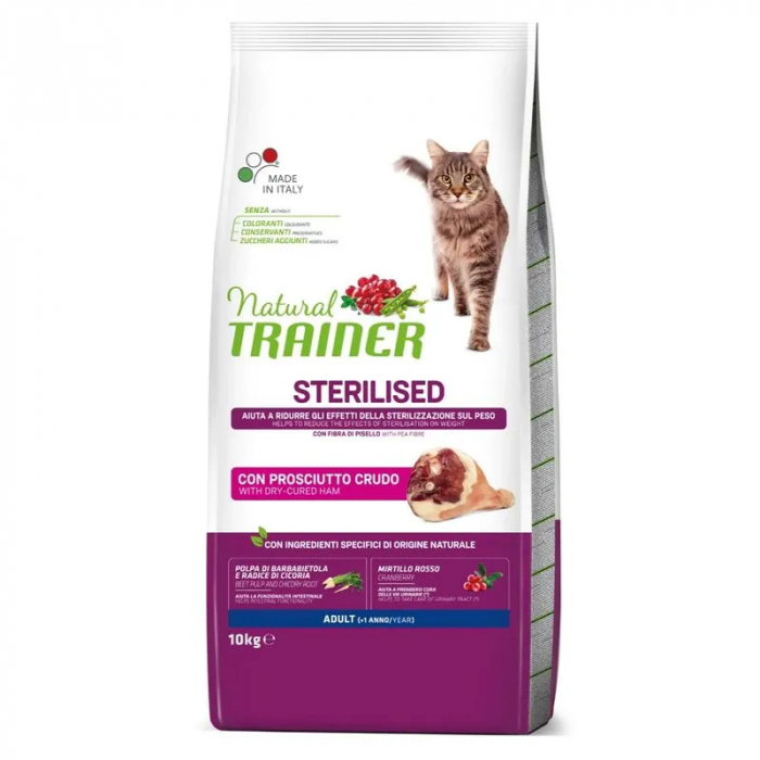 Hrana uscata pentru pisici Natural Trainer Sterilised cu bacon 10 kg