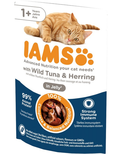 IAMS Cat Adult All Breeds Tuna & Herring In Jelly ton si hering in jeleu 85g hrana pisica