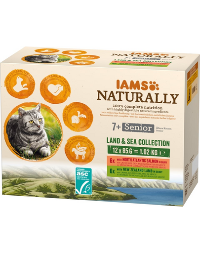 IAMS Naturally Senior Cat Land & sea collection Hrana umeda pentru pisici senior, mix de arome de carne si peste 12 x 85 g