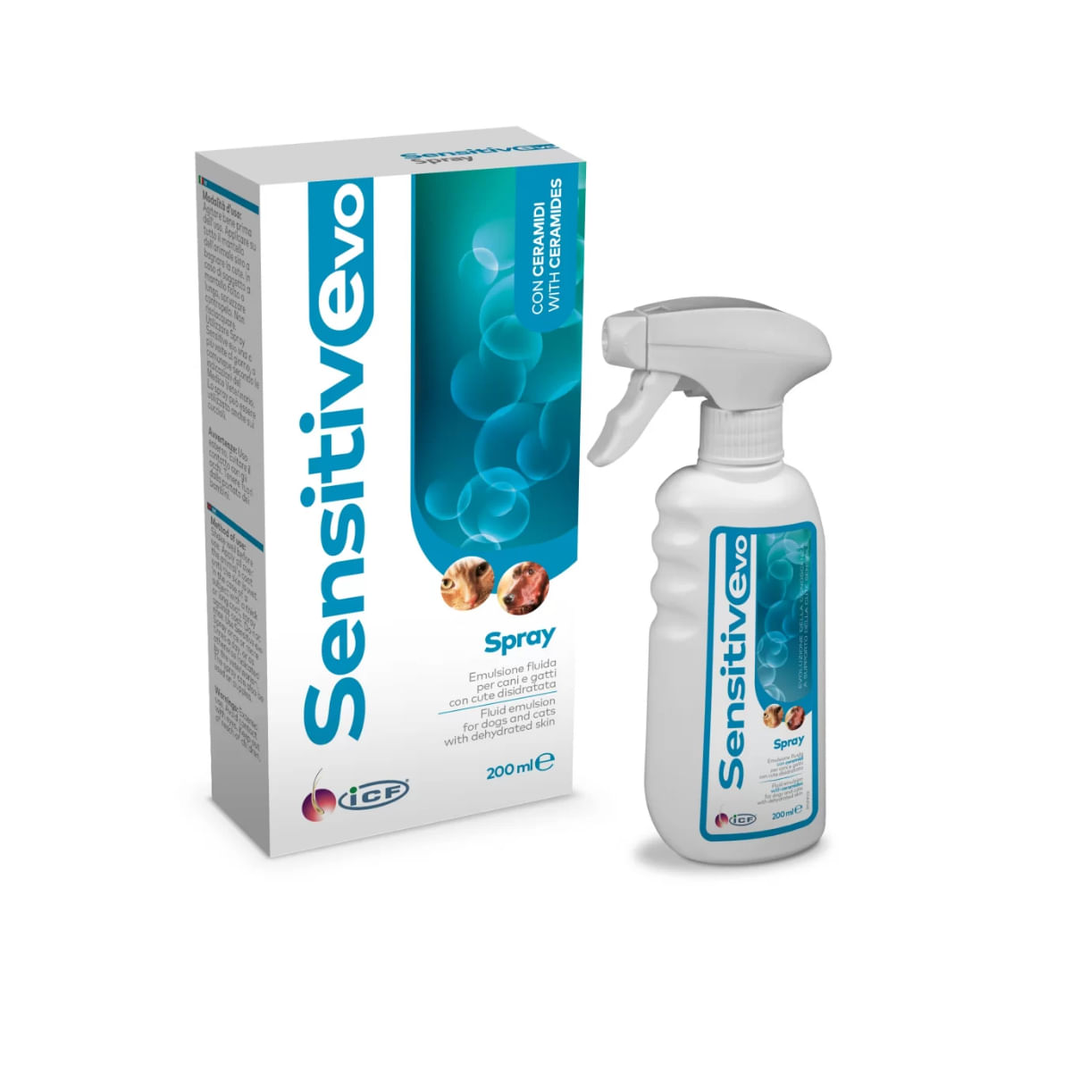 ICF SensitivEvo, XS-XL, spray câini și pisici, hidratant, calmant, flacon cu aplicator, 200ml