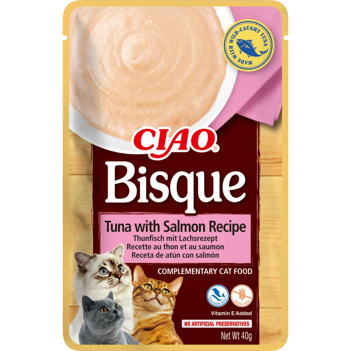 INABA Churu Bisque, Ton și Somon, recompense fără cereale pisici, (piure) INABA Churu Bisque, Ton și Somon, plic recompense fără cereale pisici, (piure), 40g - poza 1
