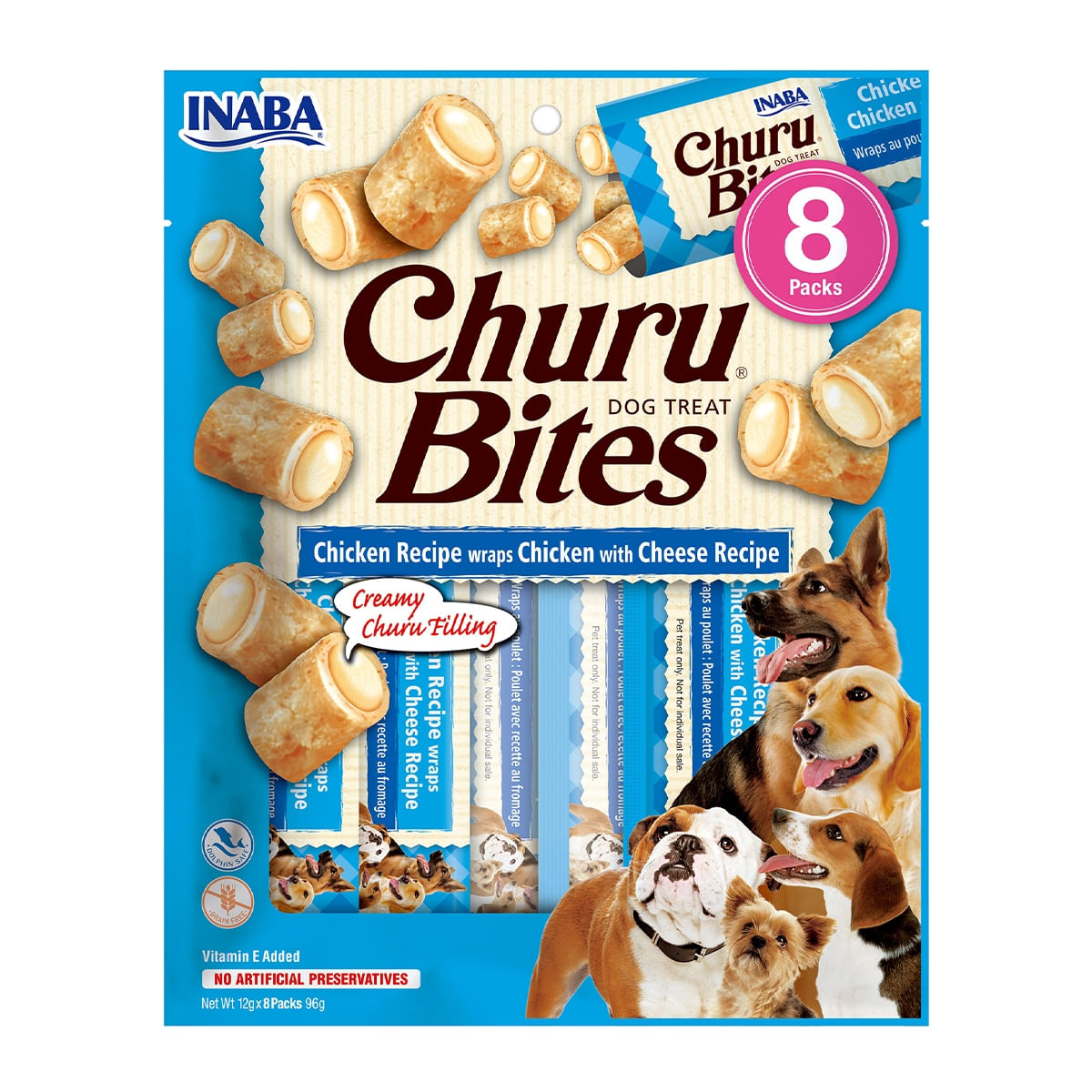 INABA Churu Bites, Pui cu Brânză, recompense fără cereale câini, pernute umplute, 12g x 8 - poza 2