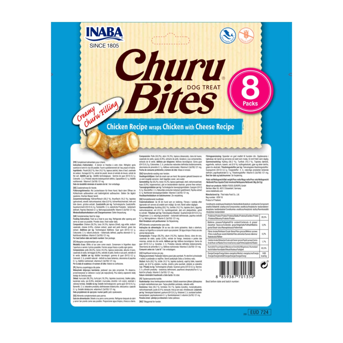 INABA Churu Bites, Pui cu Brânză, recompense fără cereale câini, pernute umplute, 12g x 8 - poza 3