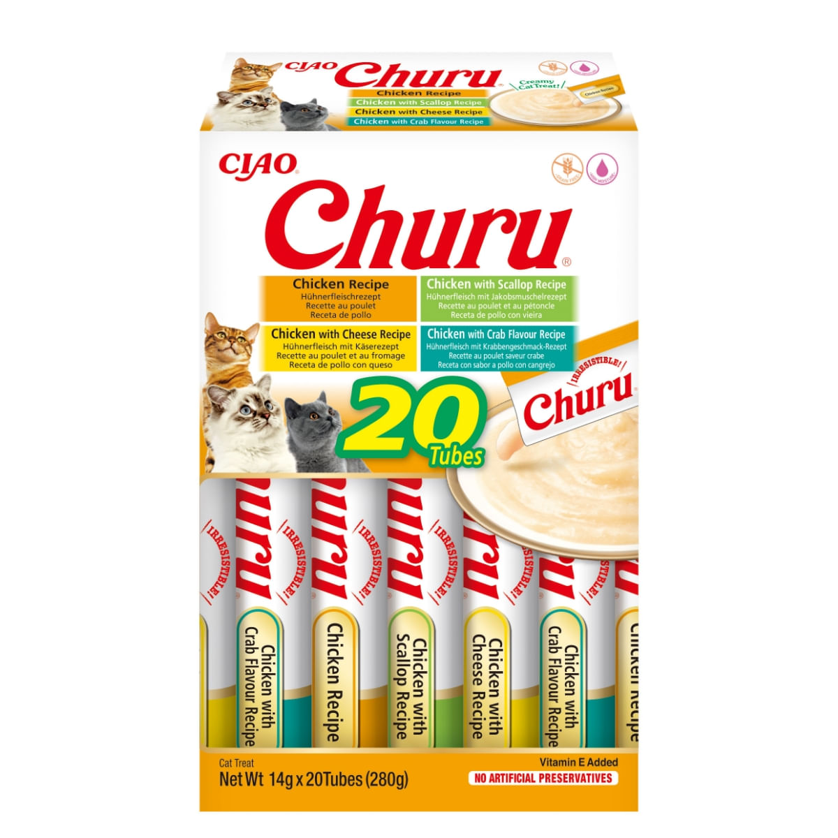 INABA Churu Chicken Varieties (Pui, Pui și Scoici| Brânză| Creveți), cutie, tub recompense fără cereale pisici, (topping), 280g - poza 3