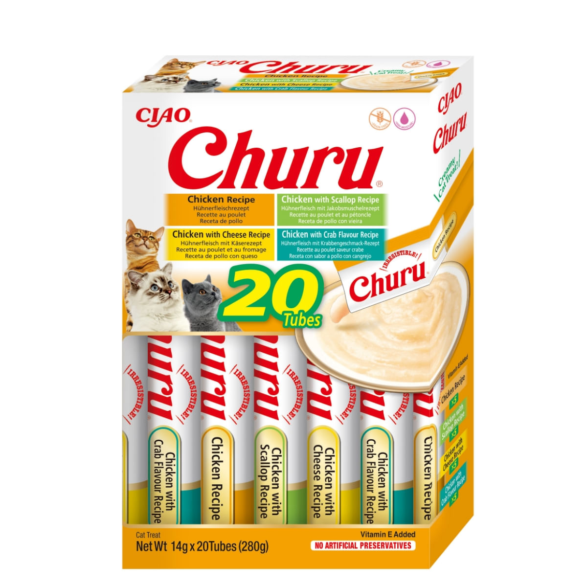 INABA Churu Chicken Varieties (Pui, Pui și Scoici| Brânză| Creveți), cutie, tub recompense fără cereale pisici, (topping), 280g - poza 4