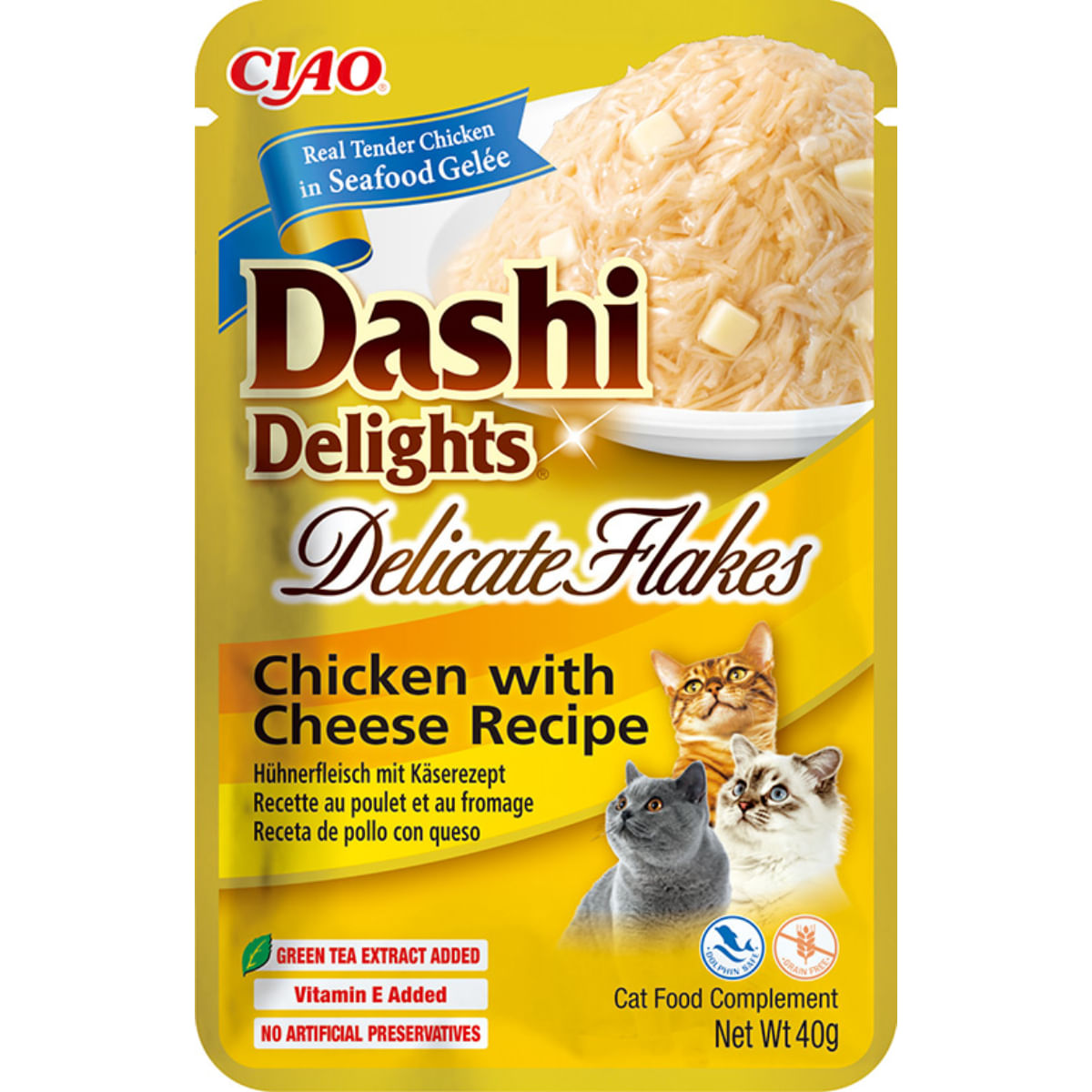 INABA Churu Dashi Delights Delicate Flakes, Pui și Brânză, plic hrană umedă fără cereale pisici, (topping), 40g - poza 1