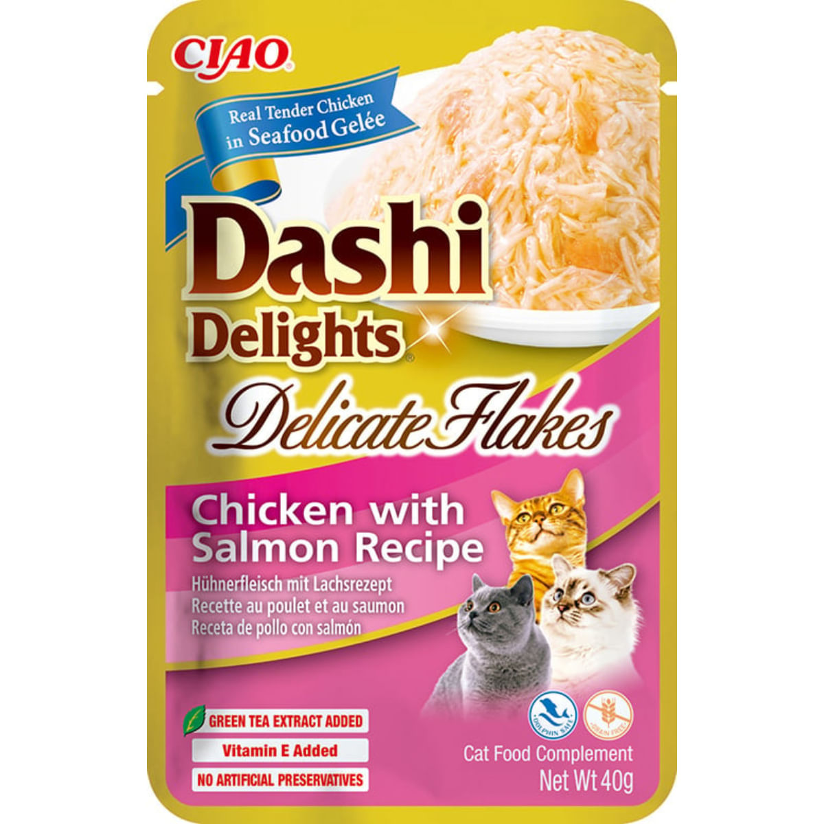 INABA Churu Dashi Delights Delicate Flakes, Pui și Somon, plic hrană umedă fără cereale pisici, (topping), 40g - poza 1