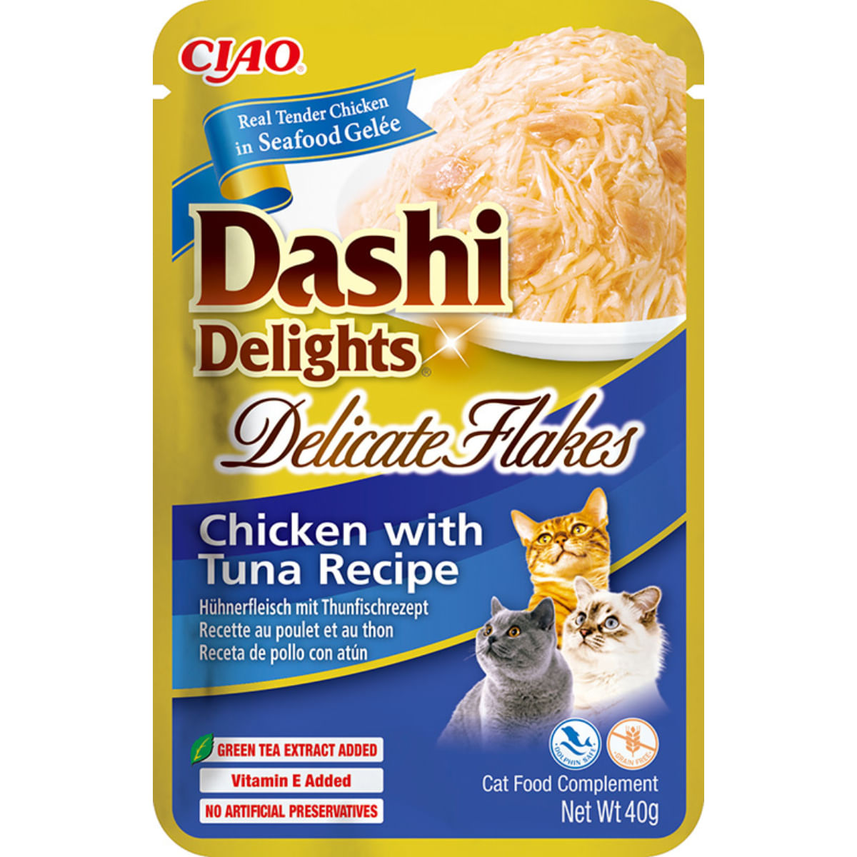 INABA Churu Dashi Delights Delicate Flakes, Pui și Ton, plic hrană umedă fără cereale pisici, (topping), 40g - poza 2