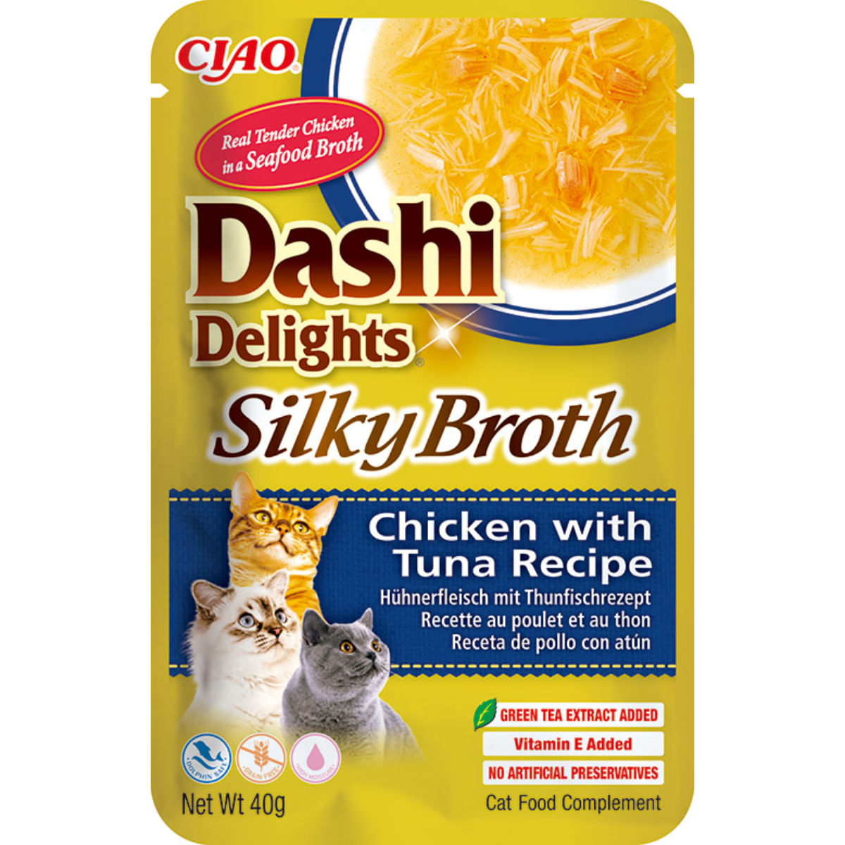 INABA Churu Dashi Delights Silky Broth, Pui și Ton, plic hrană umedă fără cereale pisici, (topping), 40g - poza 1