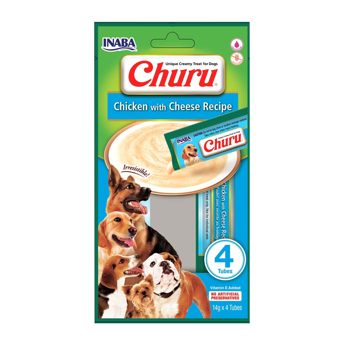 INABA Churu Dog, Pui cu Brânză, recompense lichide fără cereale câini, topping cremos, 14g x 4 - poza 1