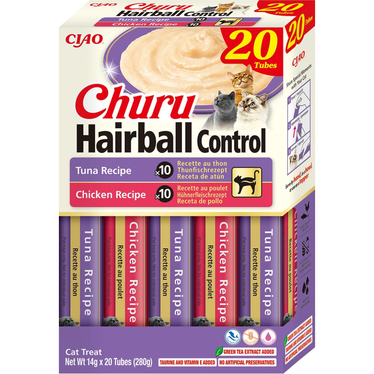 INABA Churu Hairball Control Varieties, Pui și Ton, cutie recompense fără cereale pisici, limitarea ghemurilor de blană, (piure), 280g - poza 2