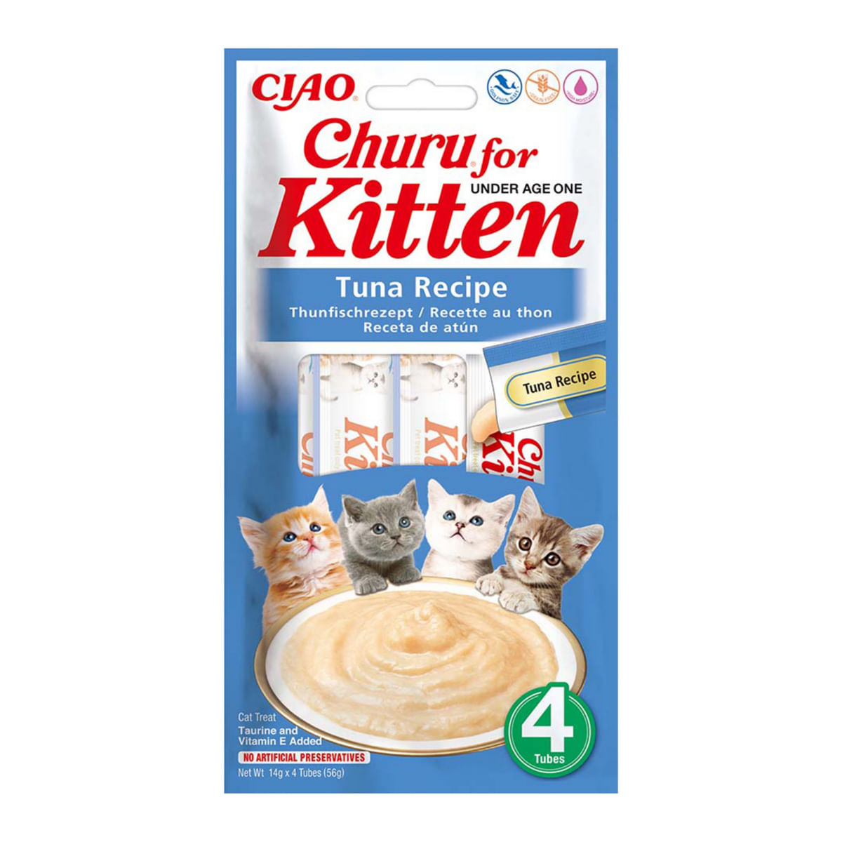 INABA Churu Kitten, Ton,, tub recompense fără cereale pisici junior, (piure) INABA Churu Kitten, Ton, plic, tub recompense fără cereale pisici junior, (piure), 56g - poza 1