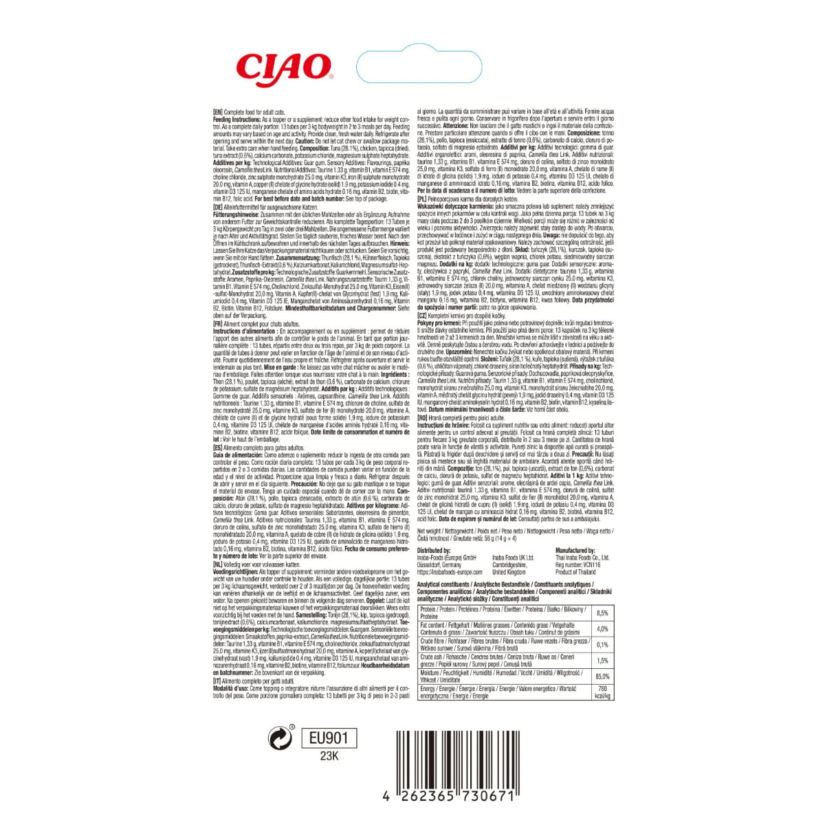 INABA Churu Meal Topper, Ton, plic, tub recompense fără cereale pisici, (piure), 56g - poza 3