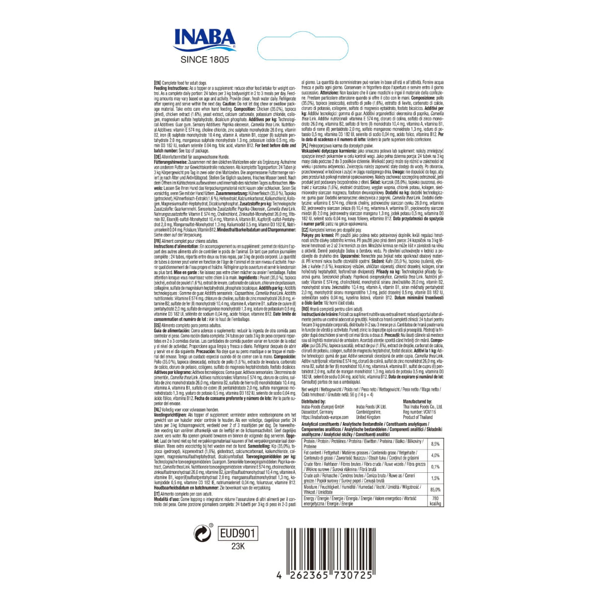 INABA Churu Meal Topper, XS-XL, Pui, plic, tub recompense fără cereale câini, (piure), 56g - poza 3