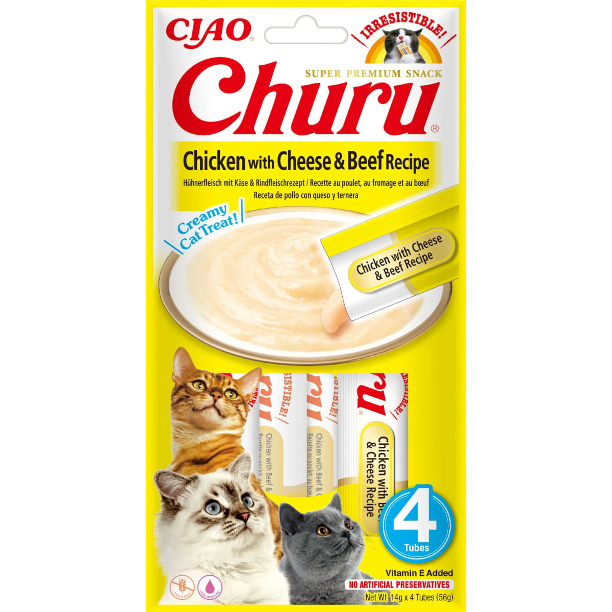 INABA Churu Pui, Brânză și Vită, plic, tub recompense fără cereale pisici, (piure), 56g - poza 2