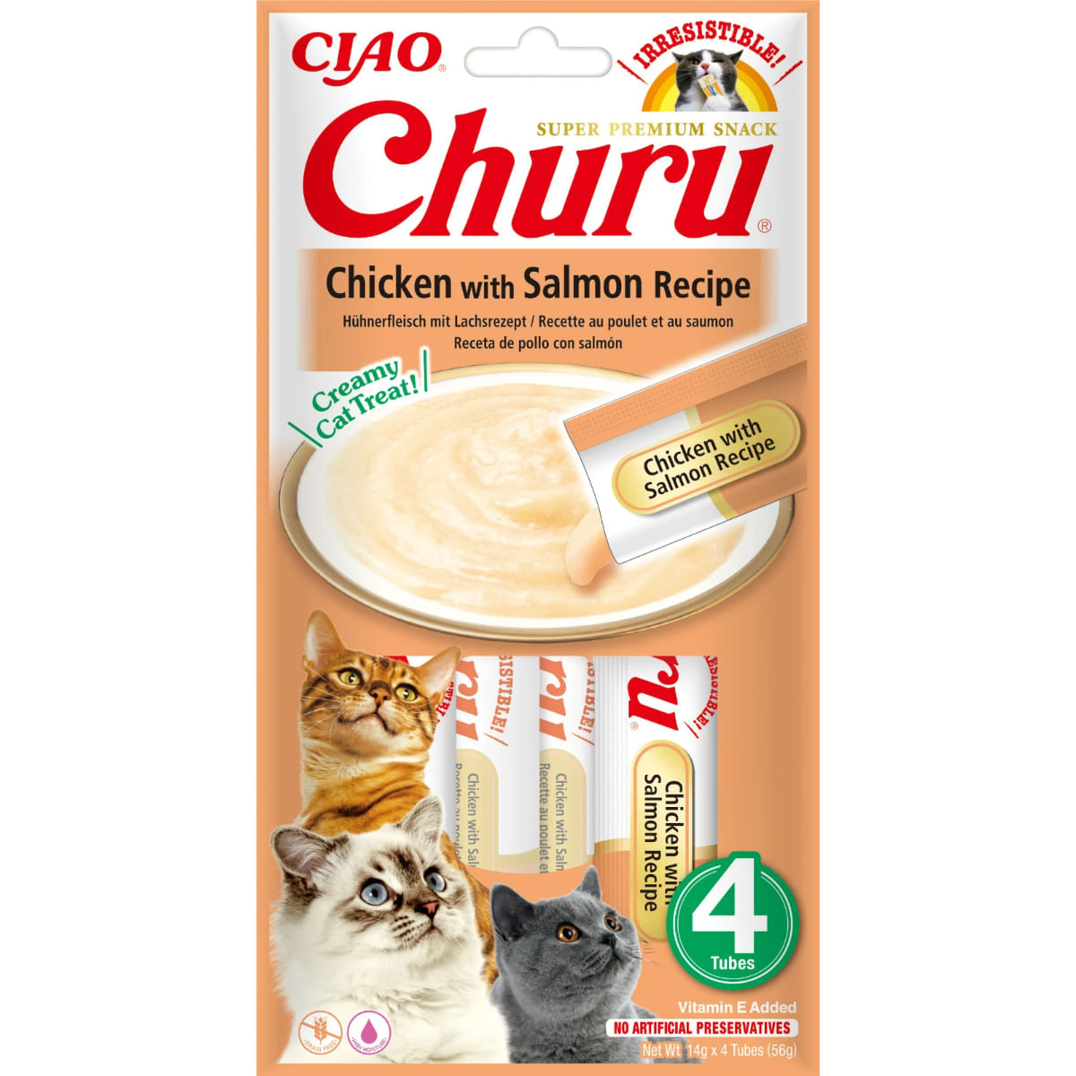 INABA Churu, Pui și Somon, plic, tub recompense fără cereale pisici, (piure), 56g - poza 2
