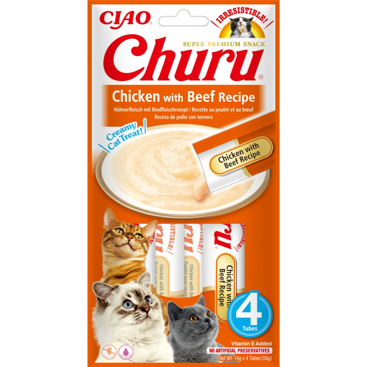 INABA Churu, Pui și Vită, punguță, tub recompense fără cereale pisici, (topping), 56g - poza 3