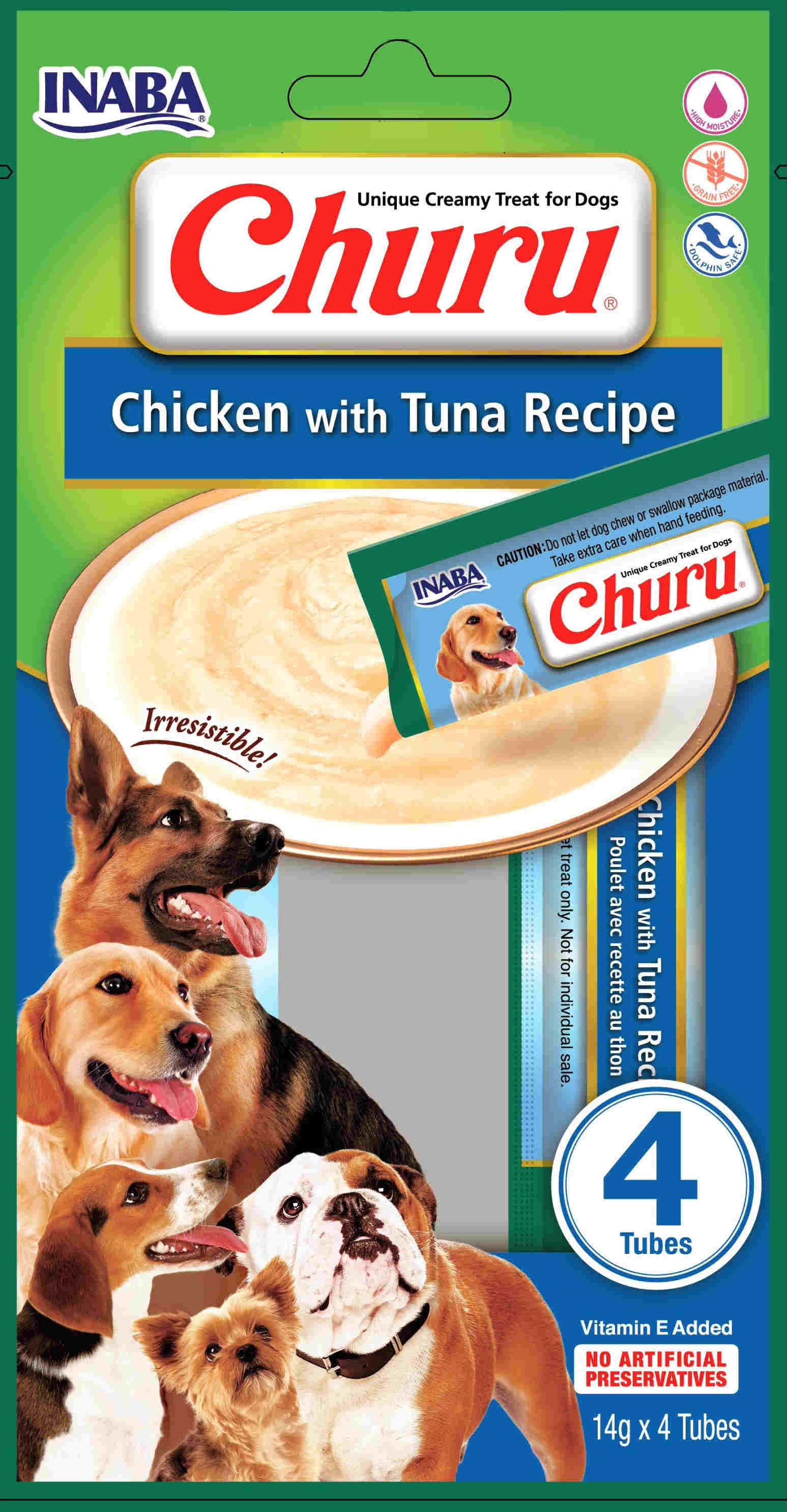 INABA CHURU Recompensă pt. câini, Piure cu Pui şi Ton, Pachet cu 4 plicuri x 14g