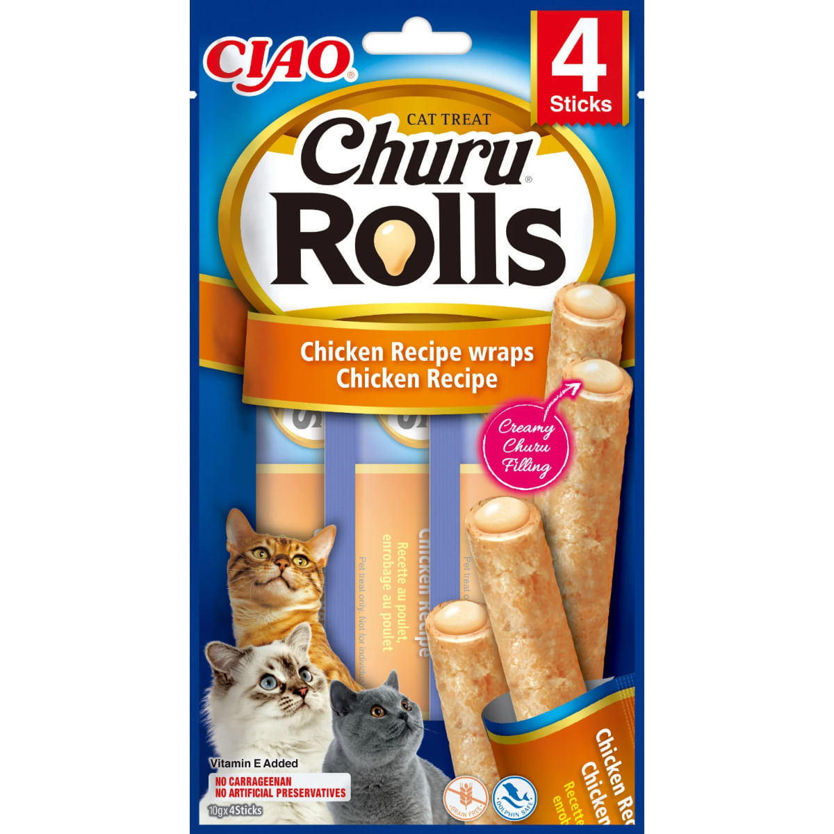 INABA Churu Rolls, Pui și Ton, plic, tub recompense fără cereale pisici, 40g - poza 1