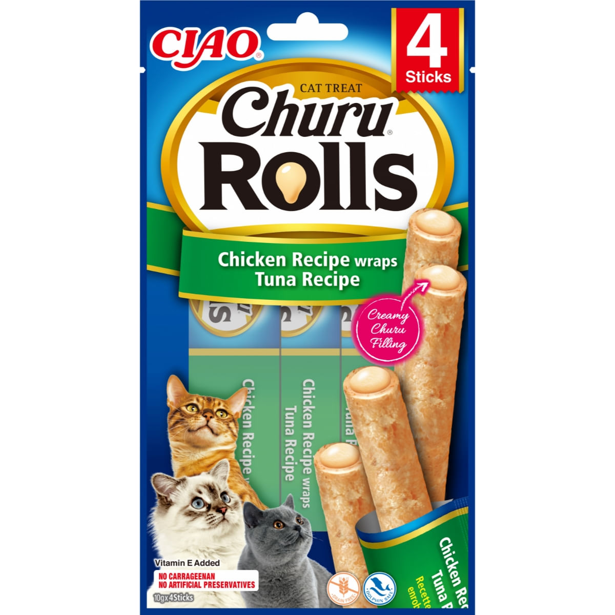 INABA Churu Rolls, Pui și Ton, punguță recompense fără cereale pisici, semimoist, 40g - poza 1