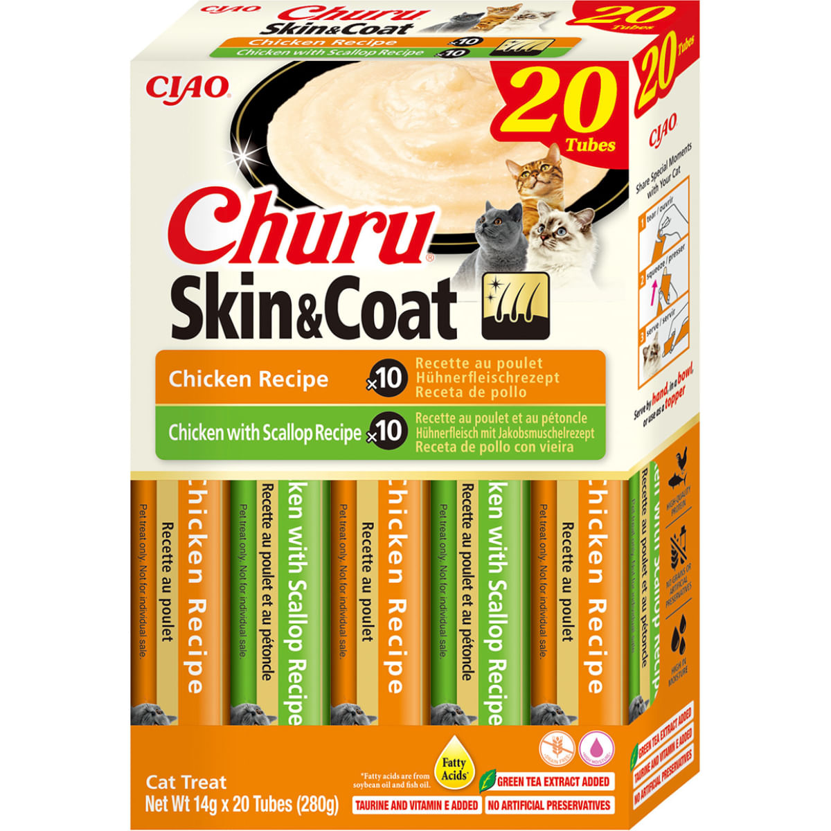 INABA Churu Skin&Coat Chicken Varieties, Pui, cutie recompense fără cereale pisici, (piure), 280g - poza 1