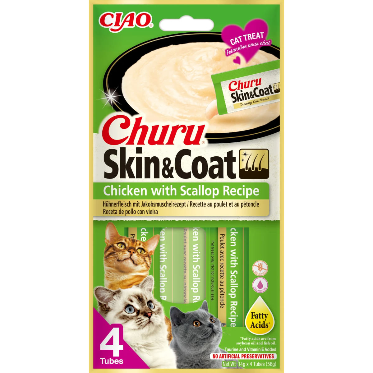 INABA Churu Skin & Coat, Pui și Scoici, plic, tub recompense fără cereale pisici, piele & blană, (piure), 56g - poza 2