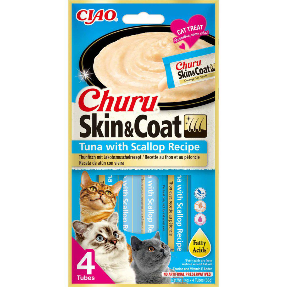 INABA Churu Skin & Coat, Ton și Scoici, plic, tub recompense fără cereale pisici, piele & blană, (piure), 56g - poza 1