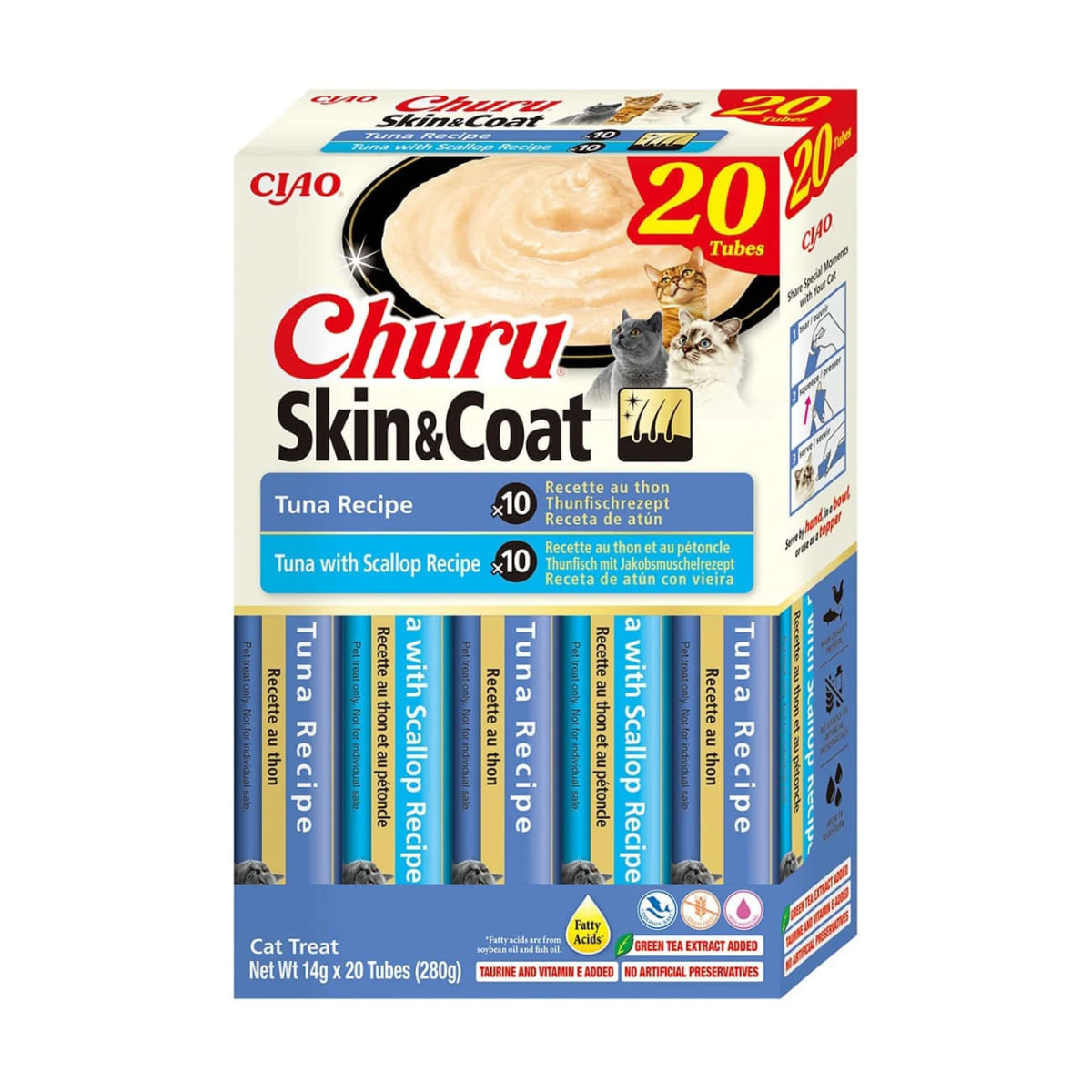 INABA Churu Skin&Coat Tuna Varieties, Ton, cutie recompense fără cereale pisici, (piure), 280g - poza 1