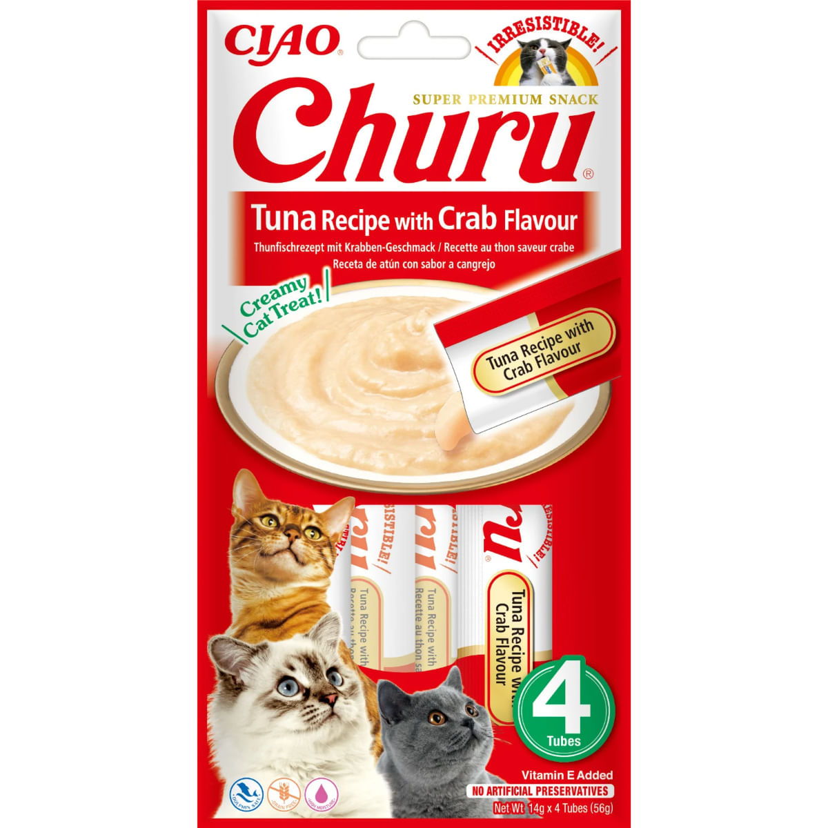 INABA Churu, Ton și Crab, plic, tub recompense fără cereale pisici, (piure), 56g - poza 2