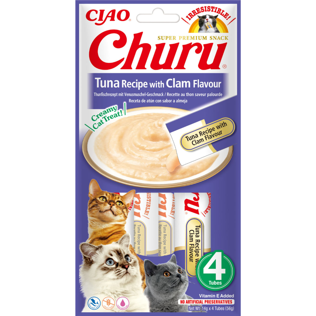 INABA Churu, Ton și Scoici, plic, tub recompense fără cereale pisici, (piure), 56g - poza 2