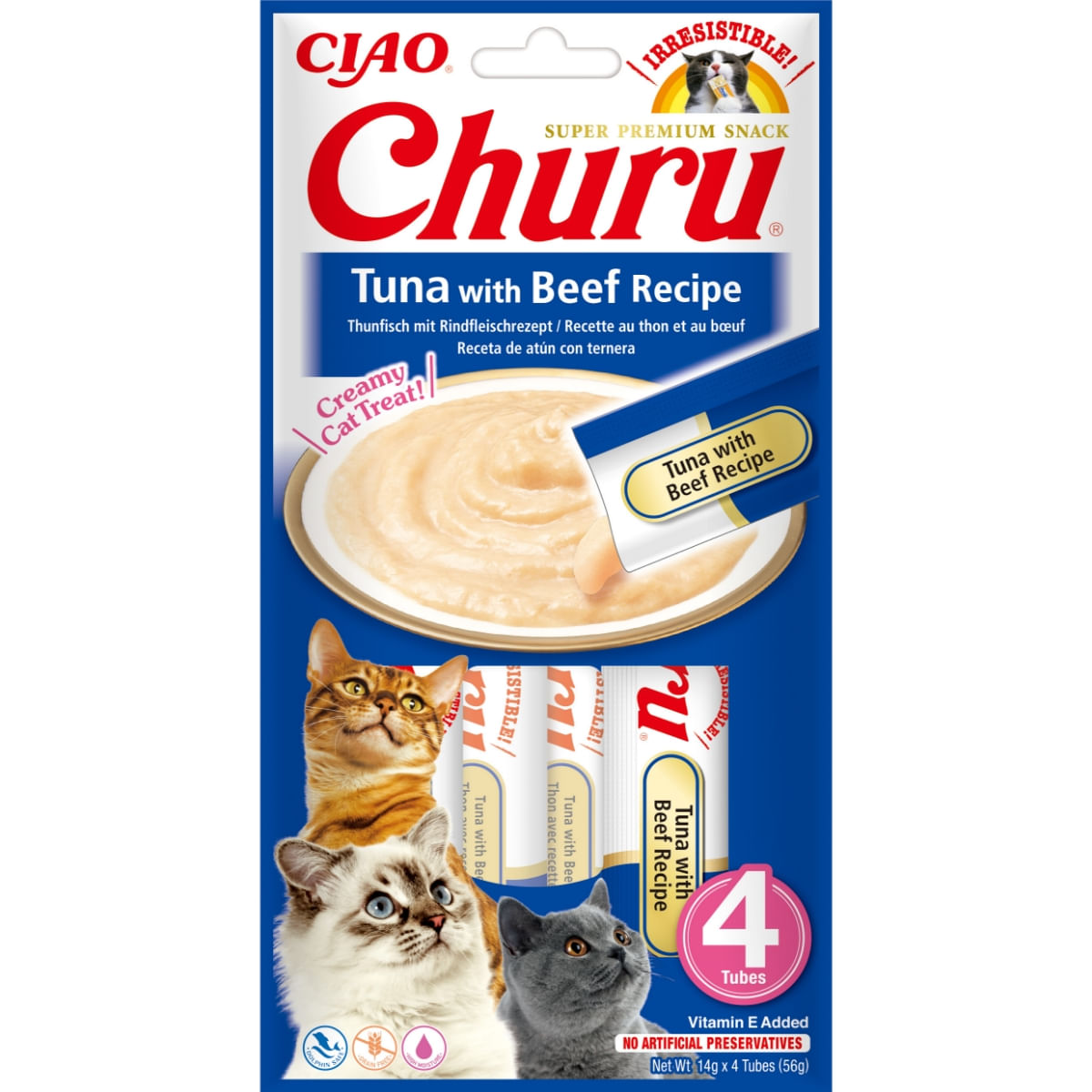 INABA Churu, Ton și Vită, punguță, tub recompense fără cereale pisici, (topping), 56g - poza 3