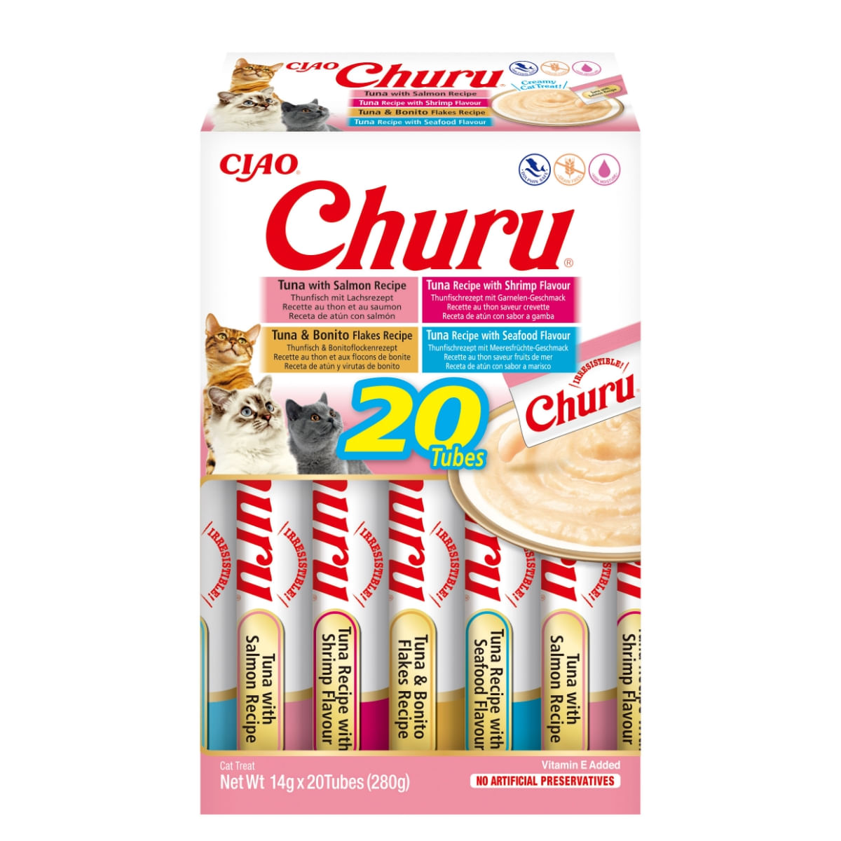 INABA Churu Tuna & Seafood Varieties (Ton și Somon|Creveți|Fulgi de Bonito|Fructe de Mare), cutie, tub recompense fără cereale pisici, (topping), 280g - poza 1