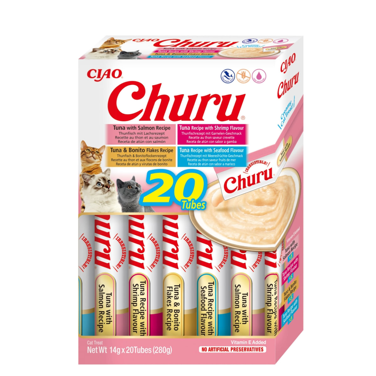 INABA Churu Tuna & Seafood Varieties (Ton și Somon|Creveți|Fulgi de Bonito|Fructe de Mare), cutie, tub recompense fără cereale pisici, (topping), 280g - poza 2