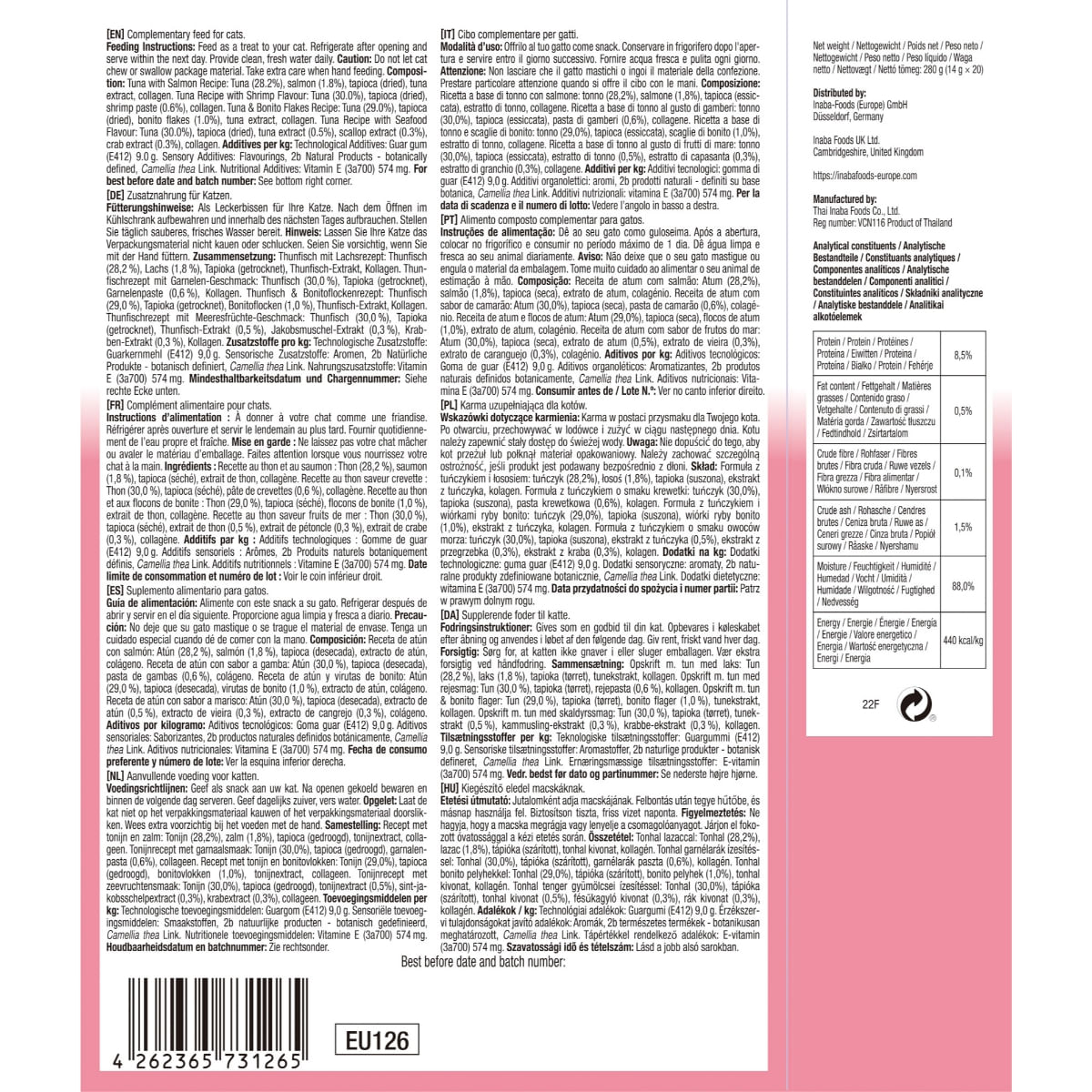 INABA Churu Tuna & Seafood Varieties (Ton și Somon|Creveți|Fulgi de Bonito|Fructe de Mare), cutie, tub recompense fără cereale pisici, (topping), 280g - poza 4