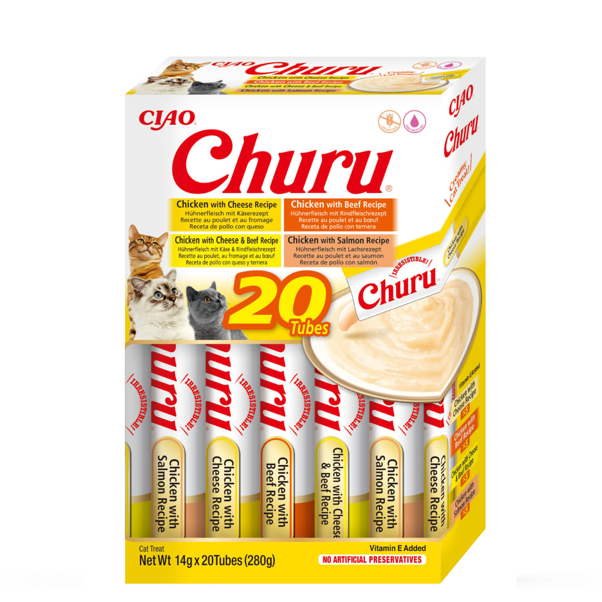 INABA Churu Varieties, Pui și Vită, cutie, tub recompense fără cereale pisici, (piure), 280g - poza 1