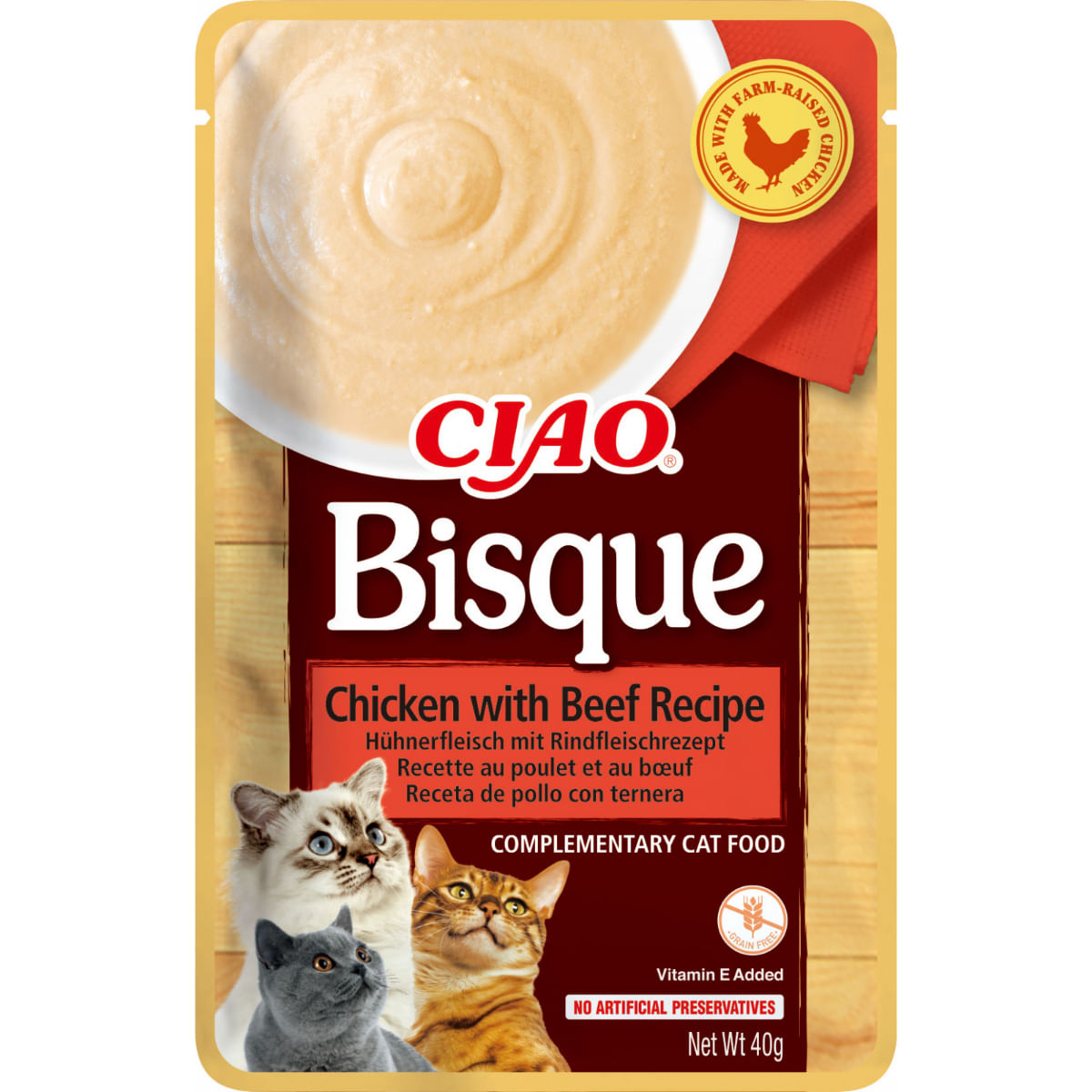 INABA Ciao Bisque, Pui și Vită, recompense fără cereale pisici, (piure) INABA Ciao Bisque, Pui și Vită, plic recompense fără cereale pisici, (piure), 40g - poza 1