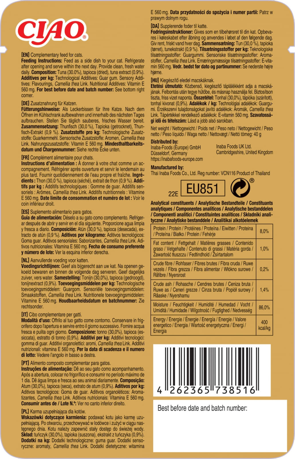 INABA Ciao Bisque, Ton, plic hrană umedă fără cereale pisici, (piure), 40g - poza 2