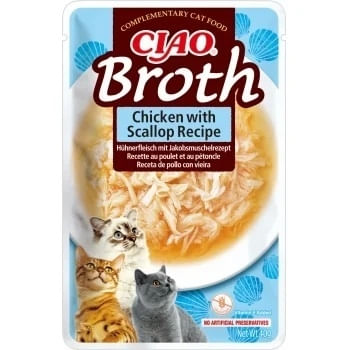 INABA Ciao Broth , Pui și Scoici, plic hrană umedă fără cereale pisici, (în supă), 40g - poza 1