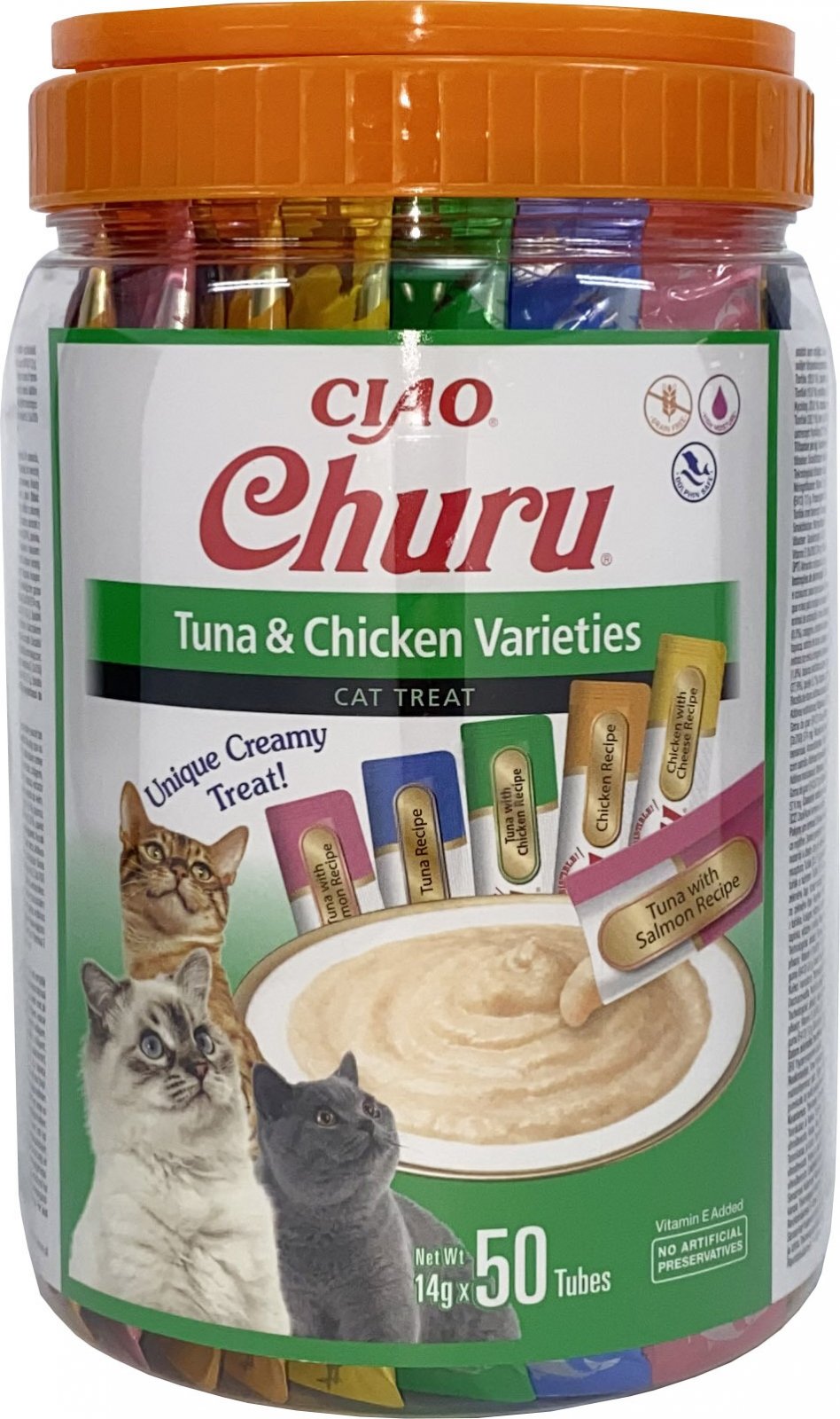 INABA CIAO Churu Piure, Ton și Pui, 5 arome, pachet mixt, recompense lichide fără cereale pisici, topping cremos, 14g x 50 - poza 1