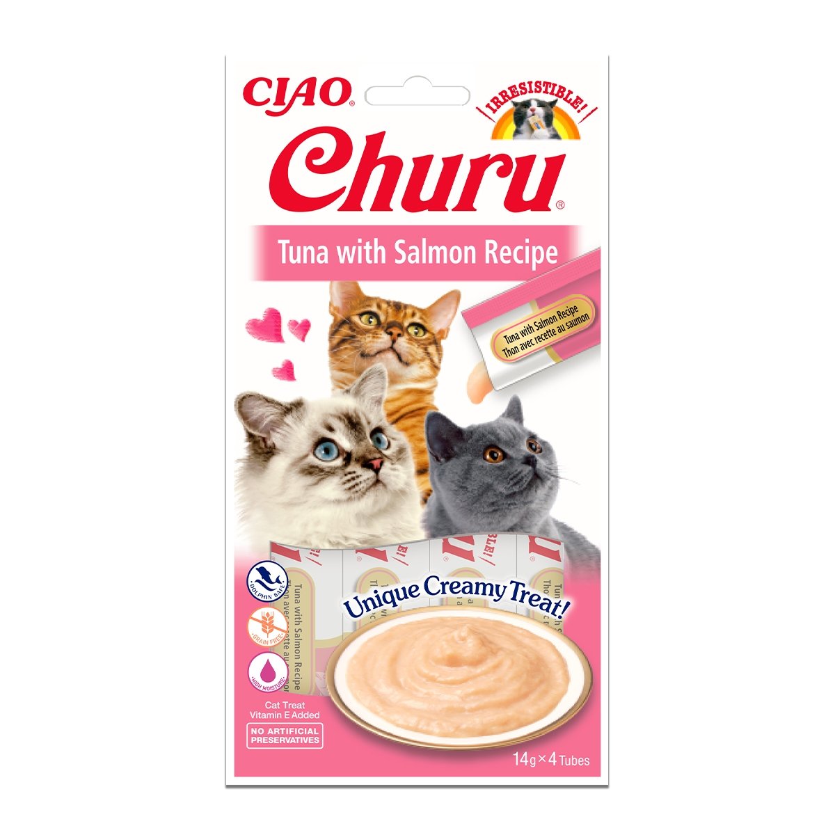 INABA CIAO Churu Piure, Ton și Somon, recompense lichide fără cereale pisici, topping cremos, 14g x 4 - poza 2