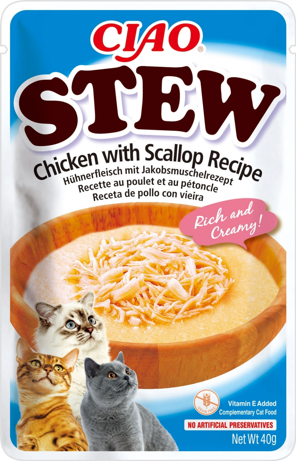 INABA Ciao Stew, Pui și Scoici, plic hrană umedă fără cereale pisici, (în sos), 40g - poza 1