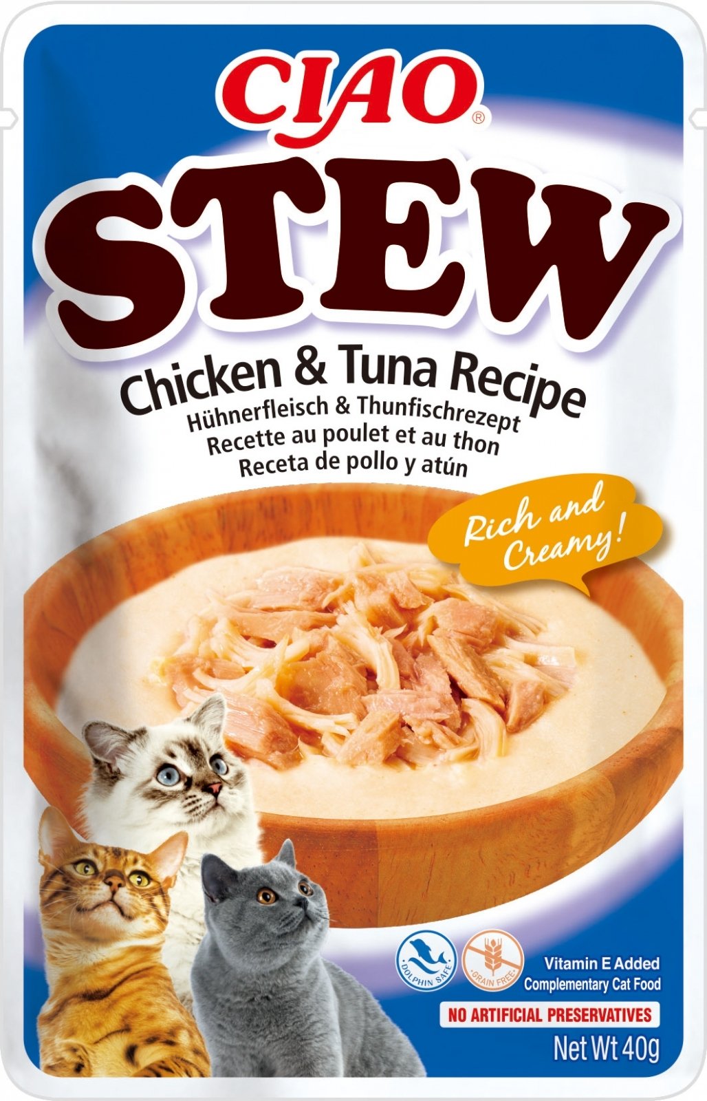 INABA Ciao Stew, Pui și Ton, plic hrană umedă fără cereale pisici, (în sos), 40g - poza 1