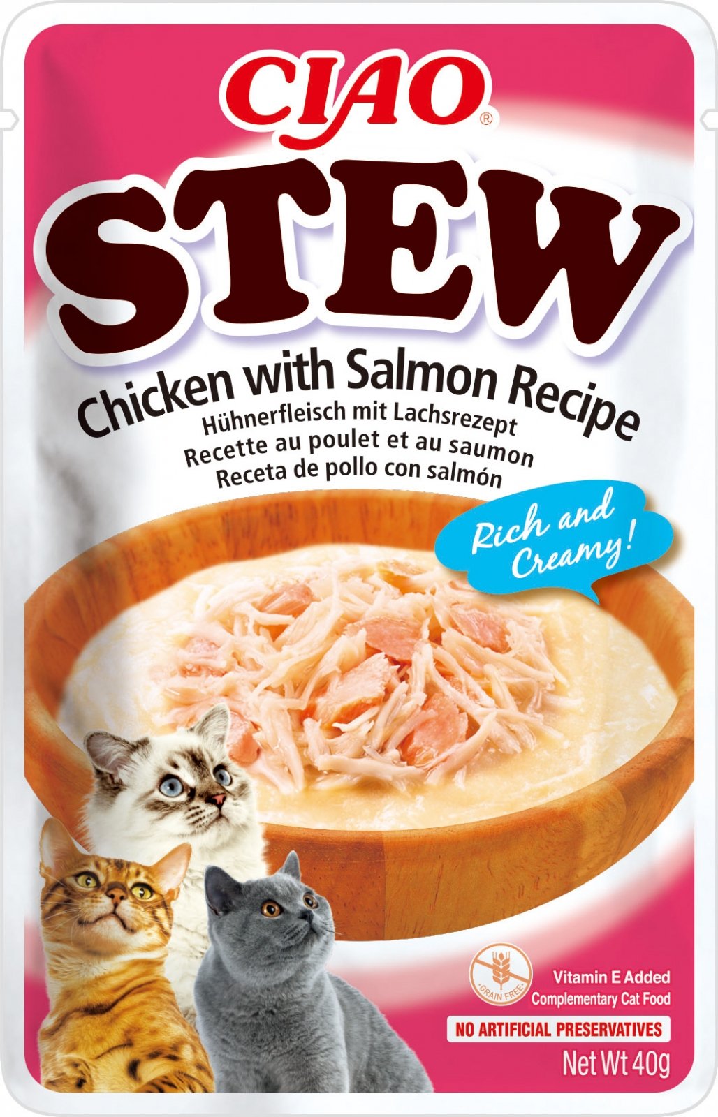 INABA Ciao Stew, Somon și Pui, plic hrană umedă fără cereale pisici, (în sos), 40g - poza 1