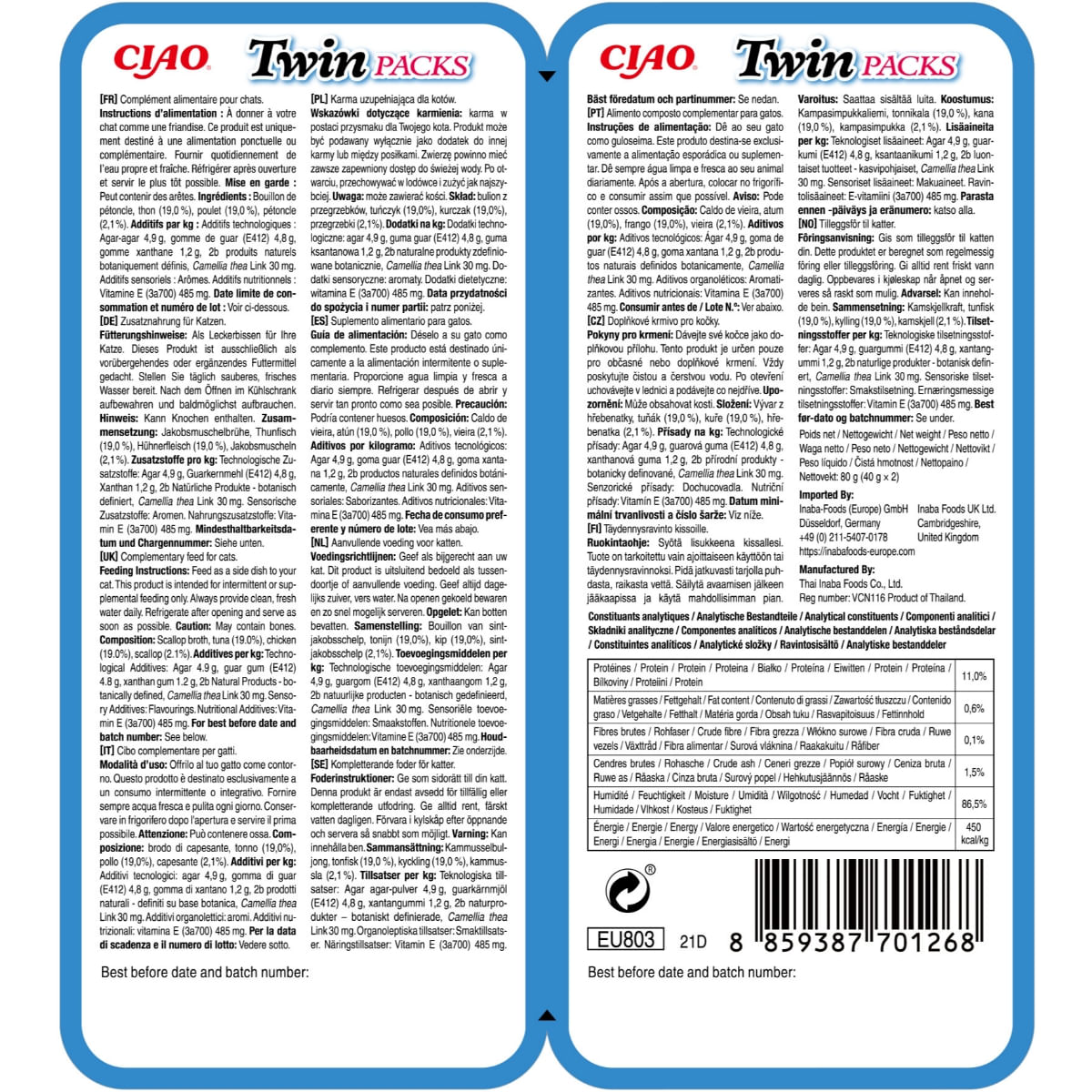 INABA Ciao Twin Packs, Ton, Pui și Scoici, plic hrană umedă fără cereale pisici, (topping), 80g - poza 3